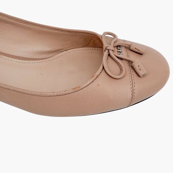 Prada Cap Toe Logo Ballet Pumps Heels Beige Leather Size 40 US 10 Block Heel